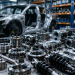 High-precision automotive components and industrial mechanical parts displayed inside a modern automotive engineering and manufacturing facility.