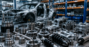 High-precision automotive components and industrial mechanical parts displayed inside a modern automotive engineering and manufacturing facility.
