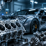 Advanced CNC precision engineering process machining a high-performance automotive engine block inside a modern manufacturing facility with robotic automation and automotive components in the background.