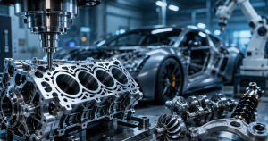 Advanced CNC precision engineering process machining a high-performance automotive engine block inside a modern manufacturing facility with robotic automation and automotive components in the background.