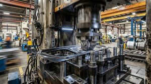 High-speed automotive press machine using precision stamping die components for metal sheet forming in industrial manufacturing facility.